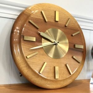 Mid-Century 12.5” Clock Myrtlewood Wall Mantle Table Man Cave Wood Mad Men 1960s
